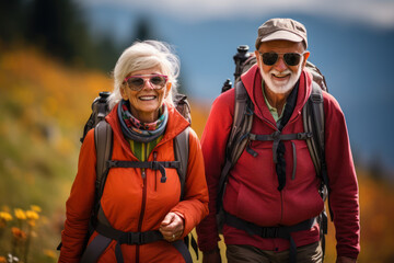 A pair of energetic seniors dons hiking gear, exploring scenic trails as they embark on a newfound passion for outdoor adventure, exemplifying the spirit of active. Generative Ai.