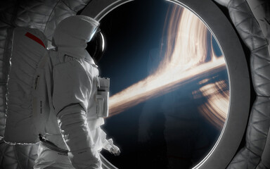 3D illustration astronaut looks at giant Black hole in deep space. High quality digital space art in 5K - realistic visualization © Vadimsadovski