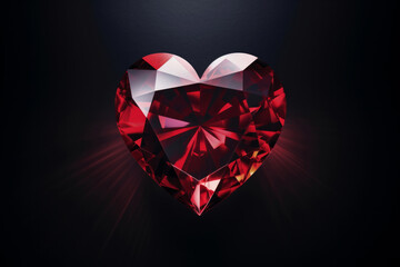 Fototapeta premium A brilliant ruby red gemstone cut in a perfect heart shape with rays of light. Love concept