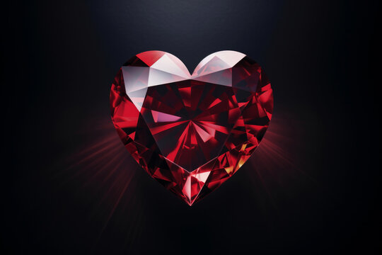 A brilliant ruby red gemstone cut in a perfect heart shape with rays of light. Love concept
