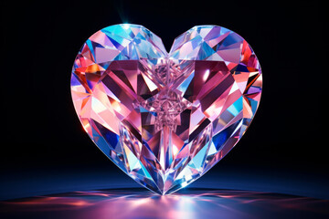 Fototapeta premium A dazzling sparkling crystal heart illuminated by blue and pink light reflections. Love concept