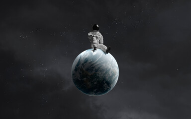 3D illustration of astronaut sitting on Earth planet. Solar system. High quality digital space art in 5K - realistic visualization © Vadimsadovski