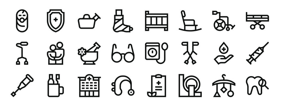 set of 24 outline web nursing icons such as baby, life insurance, urinal, broken leg, crib, rocking chair, wheelchair vector icons for report, presentation, diagram, web design, mobile app