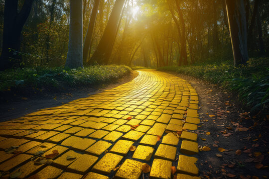 The yellow brick road leading through a forest like in the Wizard of Oz