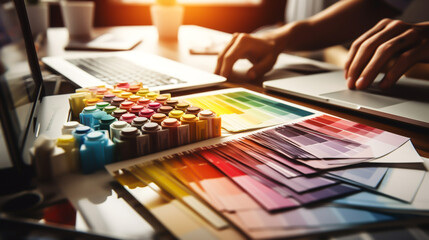 Graphic designer with colleague working in office, closeup, Design professionals working with photographs and color swatches