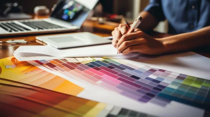 Graphic designer with colleague working in office, closeup, Design professionals working with photographs and color swatches © MARUF