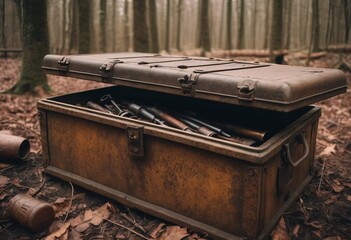 Wooden military crates for weapons and ammunition laid in the forest.