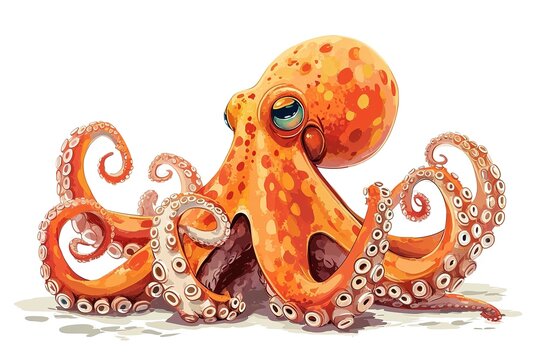 cute illustration orange octopus on white background