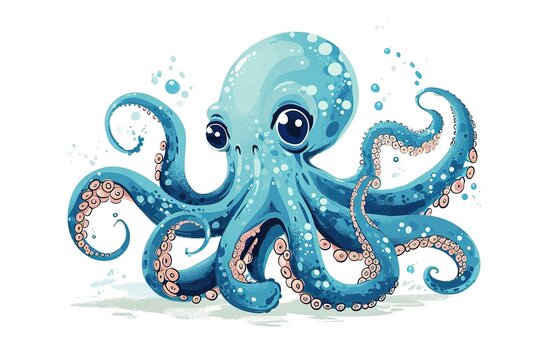 cute cartoon blue octopus with big eyes on white background