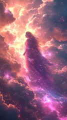 Fototapeta premium God in vibrant clouds. Shining heaven. Ethereal cosmic figure with starry aura in mystical sky of purple hues with luminous sparks. Concept of mystery, celestial being, religion, fantasy art. Vertical