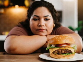Plus size woman with sad expression looking at burger. Food addiction, eating disorder.