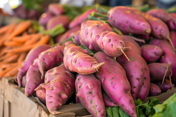 Close up of sweet potatoes on market stand