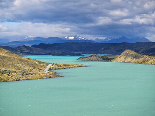 Lakes and mountains in Torres del Paine National Park in Chilean Patagonia