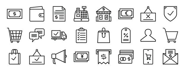 set of 24 outline web shopping and ecomerce icons such as money, purse, invoice, cash register, shop, euro money, door hanger vector icons for report, presentation, diagram, web design, mobile app - obrazy, fototapety, plakaty