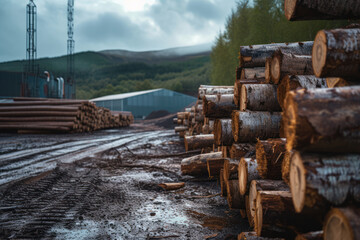 Fototapeta na wymiar Logs lay in a paper mill waiting for processing 