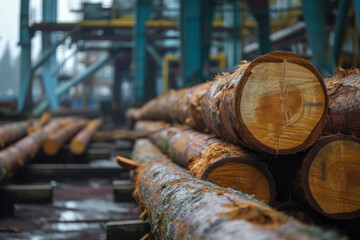 Logs lay in a paper mill waiting for processing 