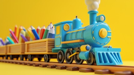 Back to school concept on yellow background. Blue train and wooden wagons filled with school supplies 3D Render 3D Illustration 