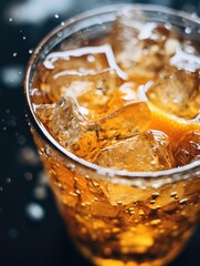 Cola in a glass with ice cubes, close up. Summertime ice cola carbonated cocktail with bubbles for package, grocery product advert