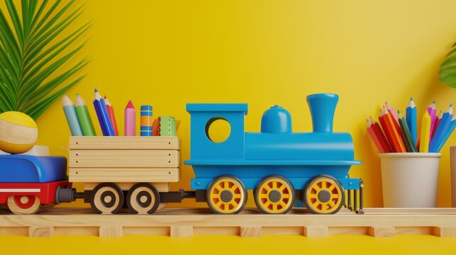 Back to school concept on yellow background. Blue train and wooden wagons filled with school supplies 3D Render 3D Illustration 