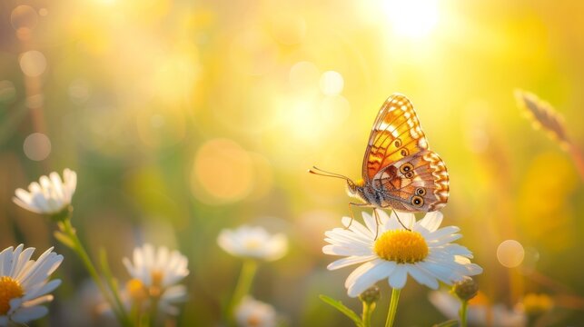 Beautiful wildflowers daisy, purple wild pea, butterfly in nature close-up macro morning misty. Landscape large format, copy space, cool blue tones. Delightful pastoral airy artistic image.