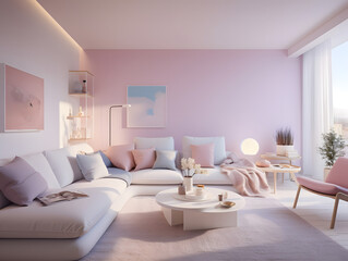 Fototapeta premium Pastel pink & blue living room interior with large couch