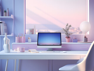 Pastel pink & blue home office interior with natural light