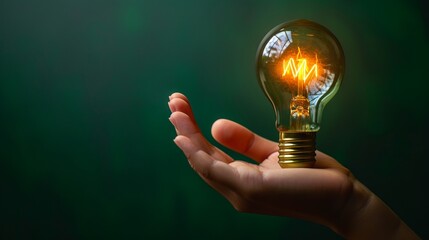 Bulb in hand holding Straight Upright, Isolated on dark green background with clipping path. Use as idea concept. 