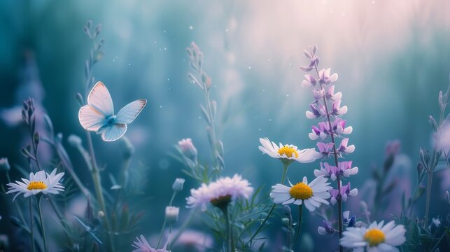 Beautiful wildflowers daisy, purple wild pea, butterfly in nature close-up macro morning misty. Landscape large format, copy space, cool blue tones. Delightful pastoral airy artistic image.