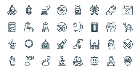 ramadan line icons. linear set. quality vector line set such as mosque, ramadan, prayer, garment, man, arabic, camel, crescent moon, public speaking. - obrazy, fototapety, plakaty