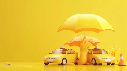Papier Peint photo Lavable Voitures de dessin animé Car protection and safety assurance concept, car insurance web banner design. yellow cars under the umbrella with traffic cone and business hand on yellow background. cartoon animation 3d rendering