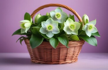 Bouquet of Hellebore flowers in basket on a Pastel Purple background. Beautiful spring flowers. Mother's Day, Happy Women's Day, Valentine's Day, Easter. Copy space. Card
