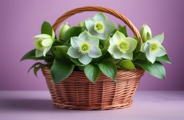 Obraz premium Bouquet of Hellebore flowers in basket on a Pastel Purple background. Beautiful spring flowers. Mother's Day, Happy Women's Day, Valentine's Day, Easter. Copy space. Card
