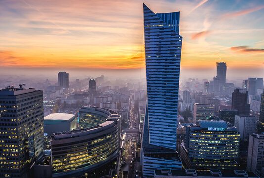 Warsaw, Poland - November 3, 2015: Aerial view from Palace of Culture and Science in Warsaw with Golden Terraces complex, Zlota 44 building and Warsaw Towers
