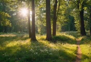 Obraz premium Scenic forest of fresh green deciduous trees framed by leaves, with the sun casting its warm rays through the foliage