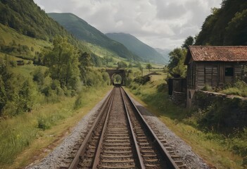 Fototapeta na wymiar Rusty train tracks lead into a dark tunnel in a desaturated landscape