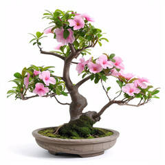 Floral Delicacy: A Blooming Pink Azalea Bonsai Tree in Elegant Display, isolated on white background with full depth of field and deep focus fusion
