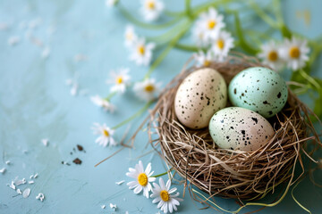 Obraz na płótnie Canvas Speckled Easter eggs nestled in a natural nest among white daisies on a blue surface create a vibrant spring scene. ideal for Easter celebrations or seasonal decor articles.