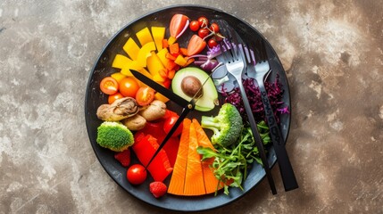 Colorful food and cutlery arranged in the form of a clock on a plate. Intermittent fasting, diet, weight loss, lunch time concept. 