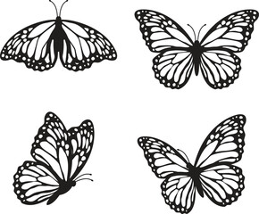 A set of black butterflies separated from the background, depicted from different angles.