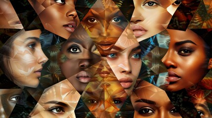 Contemporary artwork. Modern design. Kaleidoscope shape of women's faces of different race, color, age, nationality. Concept of beauty standards, multi ethnicity, friendship, diversity, human rights 
