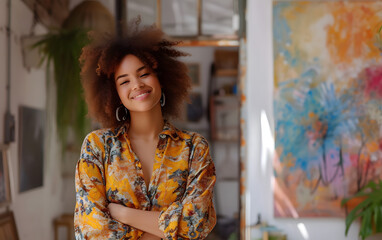 smiling woman artist in front of a workshop