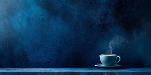 Midnight blue banner showcasing a hot coffee cup on the side, with room for your text. - obrazy, fototapety, plakaty