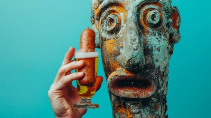 Contemporary collage of antic statue with human eyes and mouth over blue background. Human hand holding glass of beer and sausage. Concept of festival, national traditions, drinks, Oktoberfest, - obrazy, fototapety, plakaty