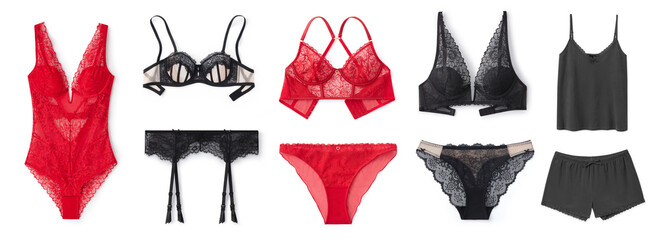 Women's lingerie wardrobe, Flat lay set of panties, bikini, bras, peignoir, suspenders for...