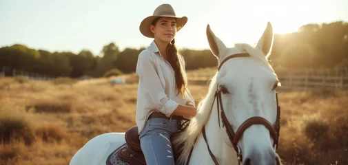 Gordijnen Equestrian girl , really pretty girl , white horse, horse riding  © Budimir