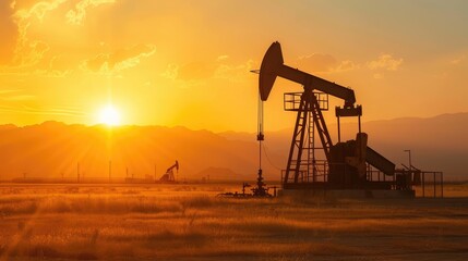 Oil fracking rig at sunset, open desert