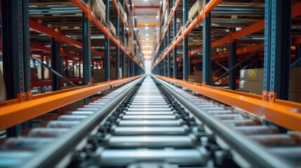 Fototapeta premium Perspective view of warehouse interior with goods and merchandising store and stacking on shelves