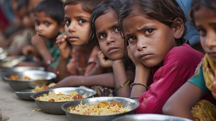 Poor Asian kids waiting for their turn to get food 