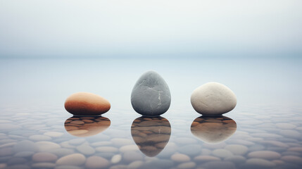 Three smooth pebbles reflecting in shallow water on the seaside. Oval stones in a calm misty ocean. Peaceful meditative mood. Beautiful, quiet seascape. Copy space.