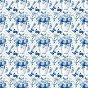 seamless pattern with snowflakes Blue flowers in a glass vase, white bow, butterfly on a plaid background, watercolor, vintage fabric pattern, seamless. Art repeat embroidery landscapes releases 